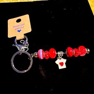 Handmade Red Pandora Like Purse Key Chain with T Shirt Heart Charm